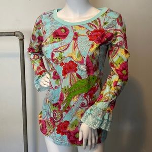 Inner Child Long Sleeve Floral and Paisley Tee with Embroidered Parrot and Lace